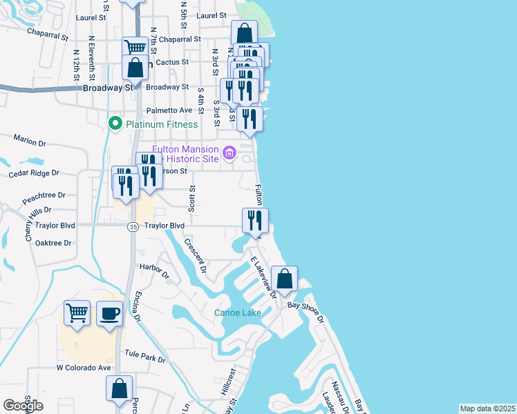 map of restaurants, bars, coffee shops, grocery stores, and more near 428 Fulton Beach Road in Rockport