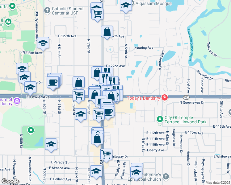 map of restaurants, bars, coffee shops, grocery stores, and more near 5741 East Fowler Avenue in Temple Terrace