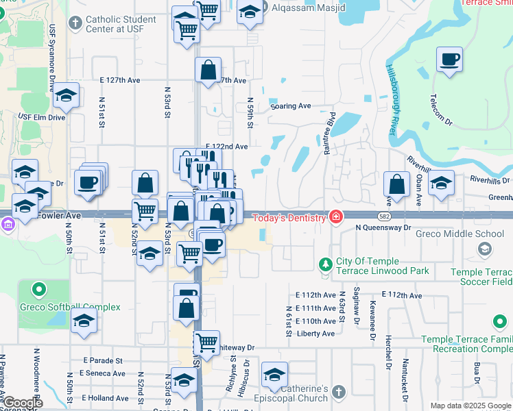 map of restaurants, bars, coffee shops, grocery stores, and more near 5880 E Fowler Ave in Tampa