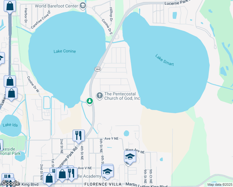 map of restaurants, bars, coffee shops, grocery stores, and more near 335 Lake Smart Circle in Winter Haven
