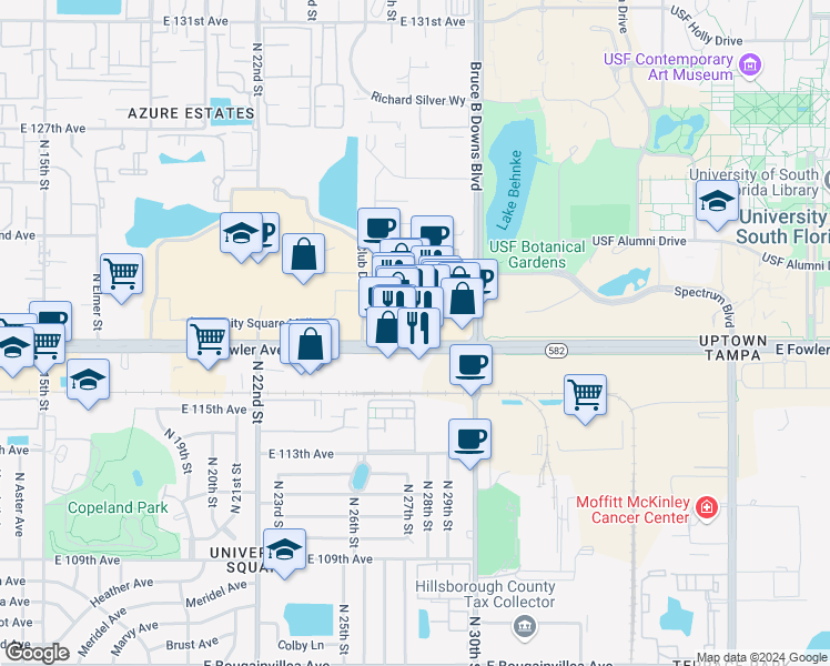 map of restaurants, bars, coffee shops, grocery stores, and more near 2770 East Fowler Avenue in Tampa