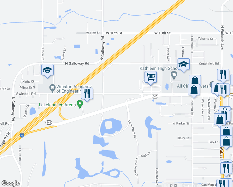 map of restaurants, bars, coffee shops, grocery stores, and more near 2915 Swindell Road in Lakeland