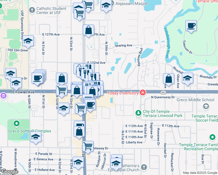map of restaurants, bars, coffee shops, grocery stores, and more near 5880 East Fowler Avenue in Tampa