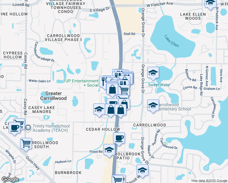 map of restaurants, bars, coffee shops, grocery stores, and more near 11640 North Dale Mabry Highway in Greater Carrollwood
