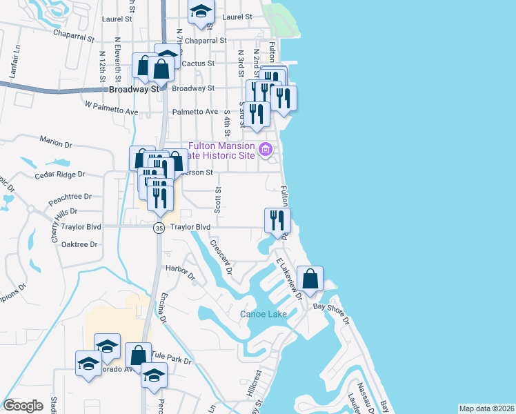 map of restaurants, bars, coffee shops, grocery stores, and more near 427 Fulton Beach Road in Rockport