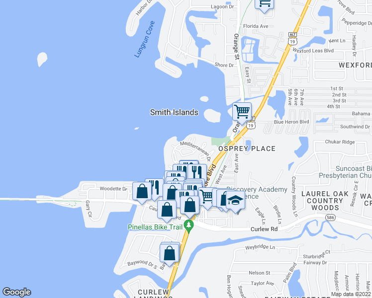 map of restaurants, bars, coffee shops, grocery stores, and more near 617 Bella Loop in Dunedin