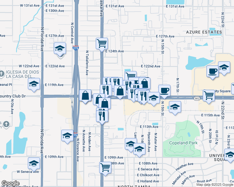 map of restaurants, bars, coffee shops, grocery stores, and more near 1031 Florida 582 in Tampa