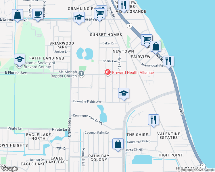 map of restaurants, bars, coffee shops, grocery stores, and more near 2197 Pelham Street in Palm Bay