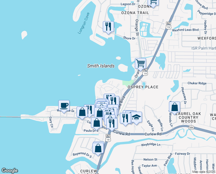 map of restaurants, bars, coffee shops, grocery stores, and more near 617 Bella Loop in Dunedin