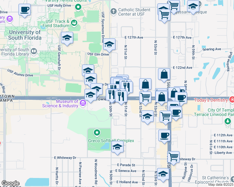 map of restaurants, bars, coffee shops, grocery stores, and more near in Tampa