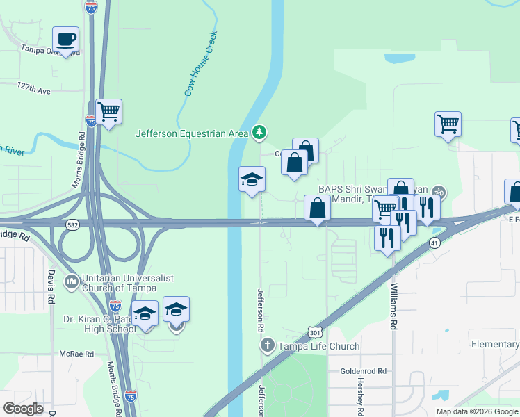 map of restaurants, bars, coffee shops, grocery stores, and more near 11734 Jefferson Road in Thonotosassa