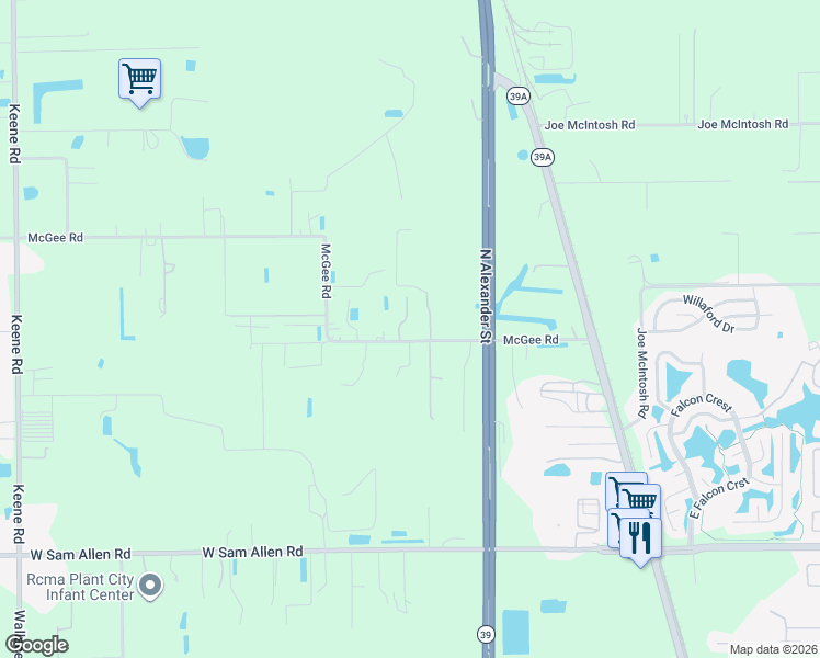 map of restaurants, bars, coffee shops, grocery stores, and more near 1282 McGee Road in Plant City