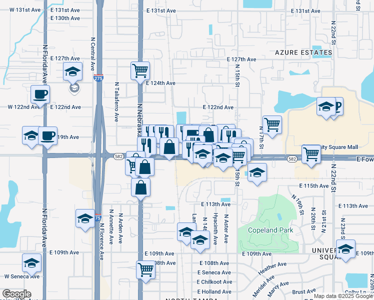 map of restaurants, bars, coffee shops, grocery stores, and more near East Fowler Avenue in Tampa