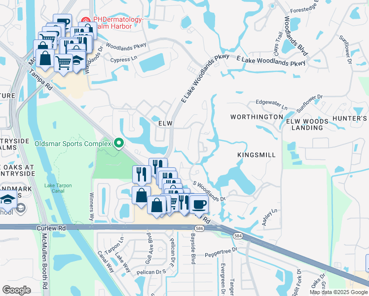 map of restaurants, bars, coffee shops, grocery stores, and more near 180 Lisa Lane in Oldsmar