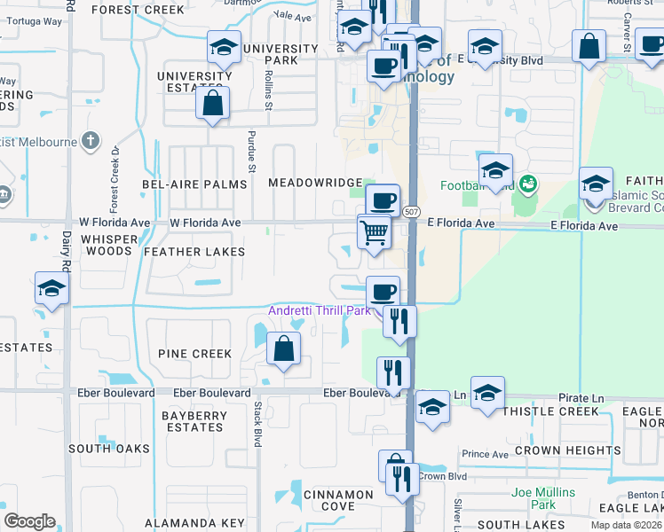 map of restaurants, bars, coffee shops, grocery stores, and more near 111 Cypress Brook Circle in Melbourne