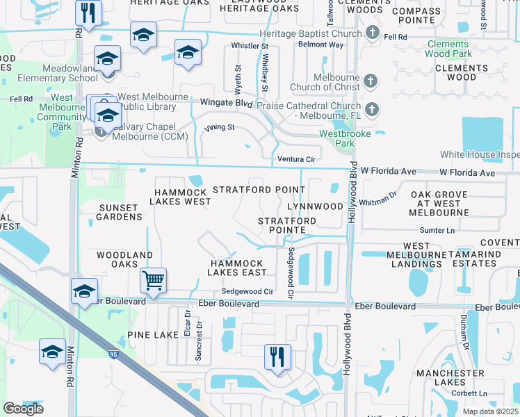 map of restaurants, bars, coffee shops, grocery stores, and more near 2851 Stratford Pointe Drive in Melbourne