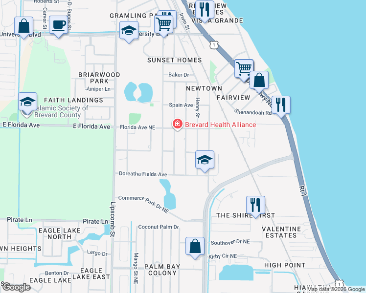 map of restaurants, bars, coffee shops, grocery stores, and more near 2197 Pelham Street in Palm Bay