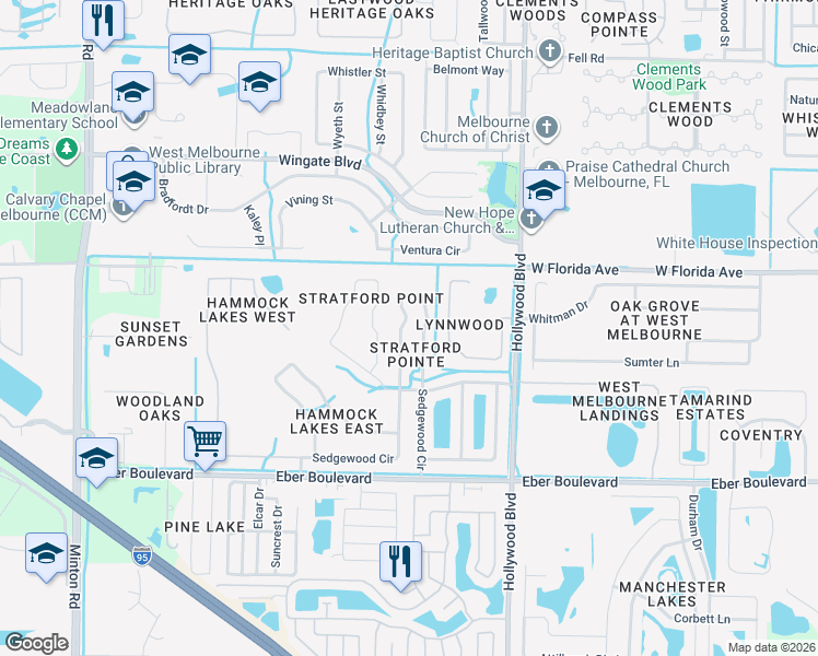 map of restaurants, bars, coffee shops, grocery stores, and more near 604 Sedgewood Circle in Melbourne