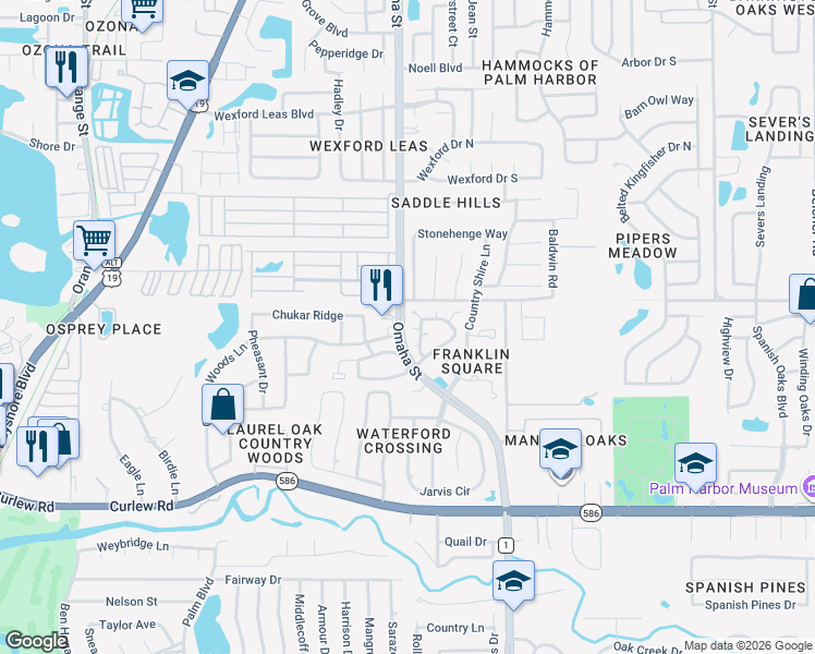map of restaurants, bars, coffee shops, grocery stores, and more near 878 Franklin Circle in Palm Harbor