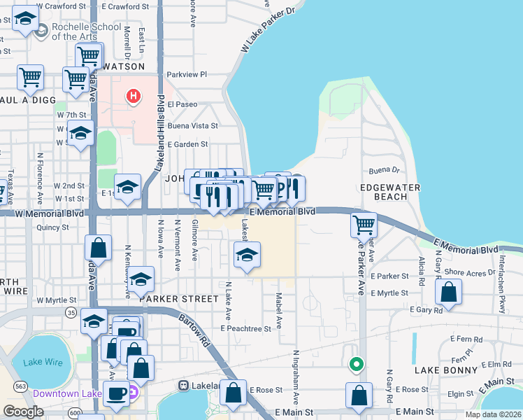 map of restaurants, bars, coffee shops, grocery stores, and more near 1001 North Morgan Avenue in Lakeland