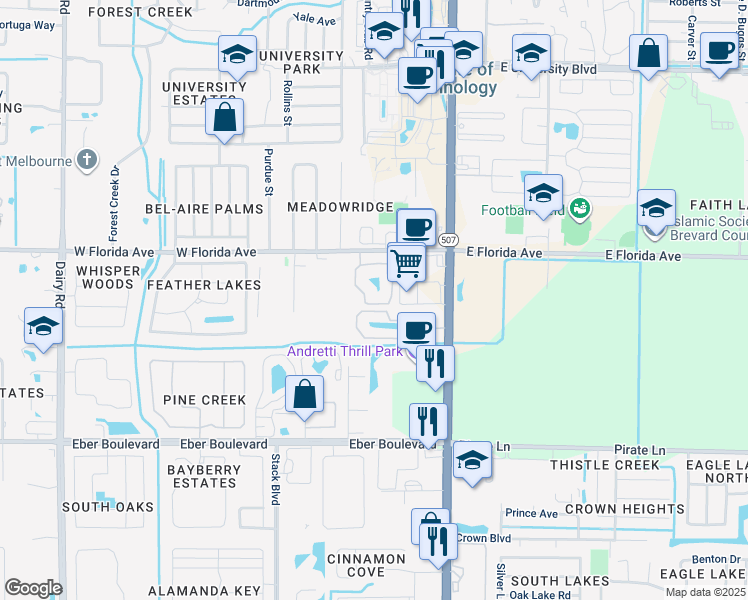 map of restaurants, bars, coffee shops, grocery stores, and more near 111 Cypress Brook Circle in Melbourne