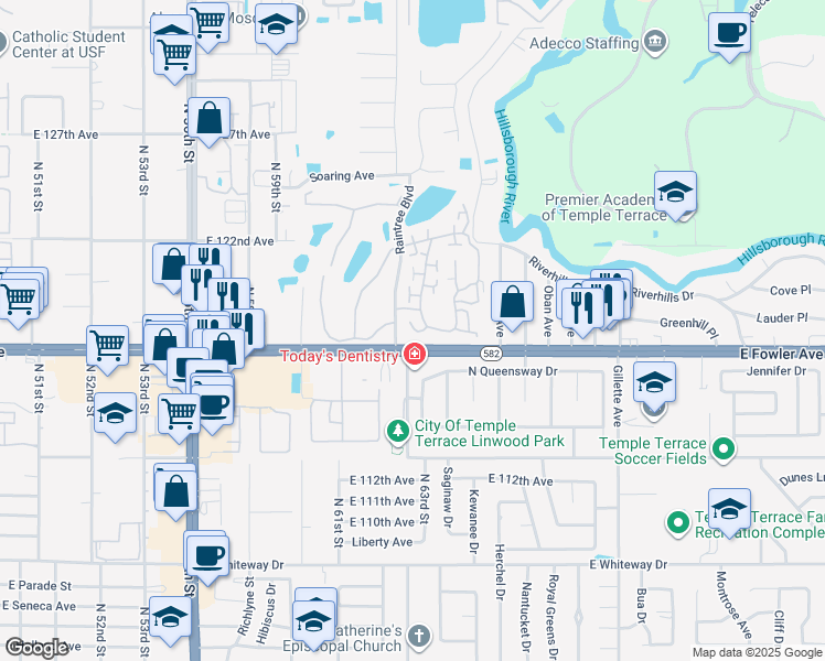 map of restaurants, bars, coffee shops, grocery stores, and more near 6265 Dewdrop Way in Tampa