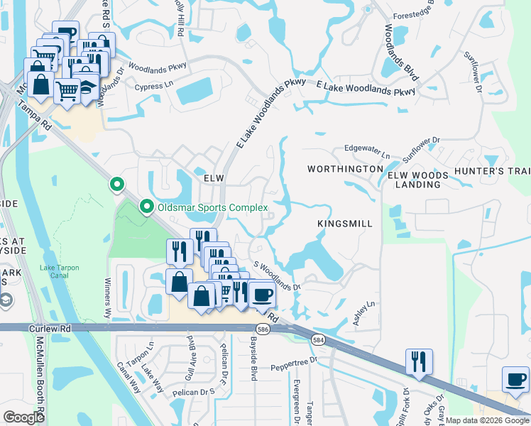 map of restaurants, bars, coffee shops, grocery stores, and more near 90 Ingrid Place in Oldsmar