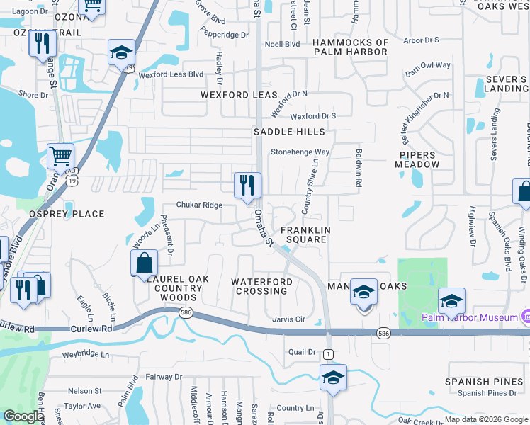 map of restaurants, bars, coffee shops, grocery stores, and more near 1697 Nantucket Court in Palm Harbor