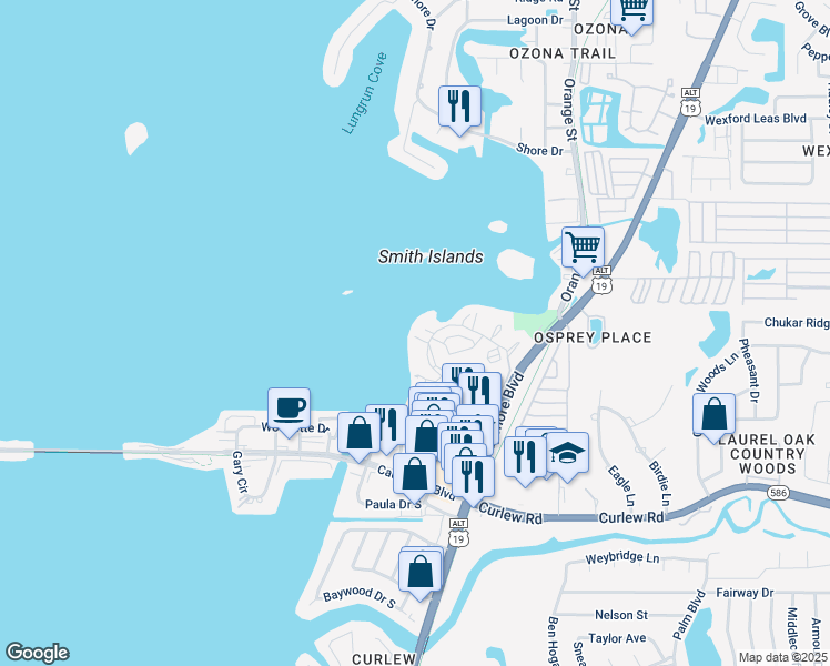 map of restaurants, bars, coffee shops, grocery stores, and more near 6 Mediterranean Drive in Dunedin