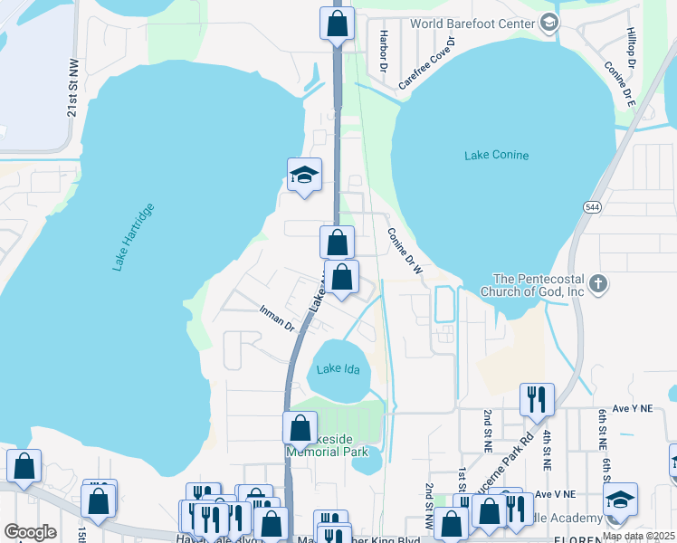 map of restaurants, bars, coffee shops, grocery stores, and more near 841 4th Lake Ida Street in Winter Haven