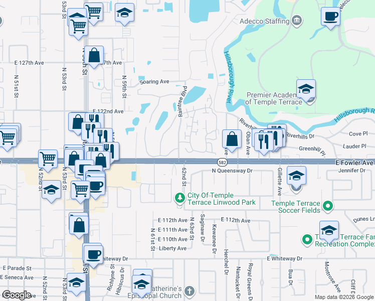 map of restaurants, bars, coffee shops, grocery stores, and more near 6265 Dewdrop Way in Tampa