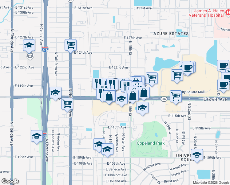 map of restaurants, bars, coffee shops, grocery stores, and more near 1401-1439 East Fowler Avenue in Tampa