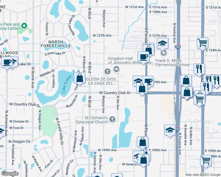 map of restaurants, bars, coffee shops, grocery stores, and more near 704 West Country Club Drive in Tampa