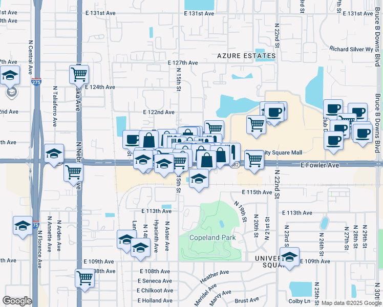 map of restaurants, bars, coffee shops, grocery stores, and more near 1520 East Fowler Avenue in Tampa