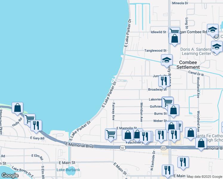 map of restaurants, bars, coffee shops, grocery stores, and more near 1000 East Lake Parker Drive in Lakeland