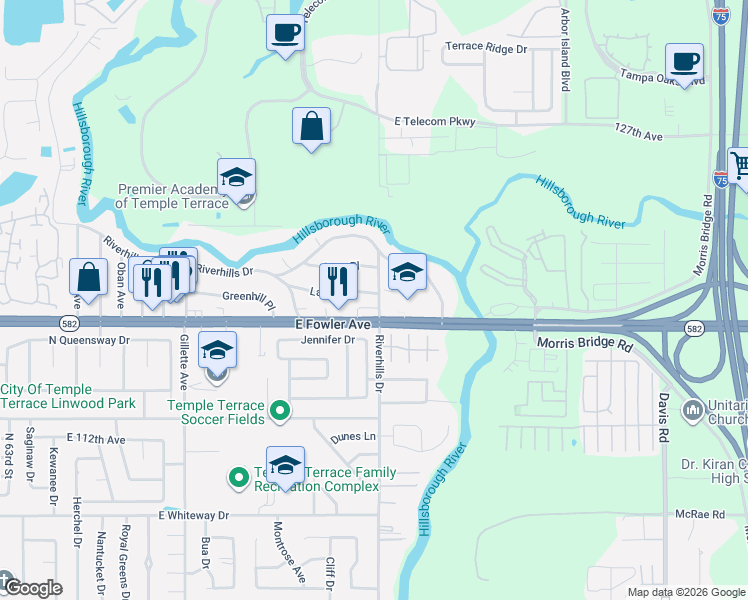 map of restaurants, bars, coffee shops, grocery stores, and more near 7134 East Fowler Avenue in Tampa