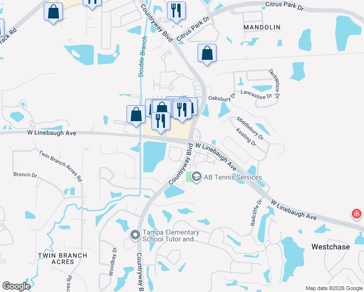 map of restaurants, bars, coffee shops, grocery stores, and more near 12440 Berkeley Square Drive in Tampa