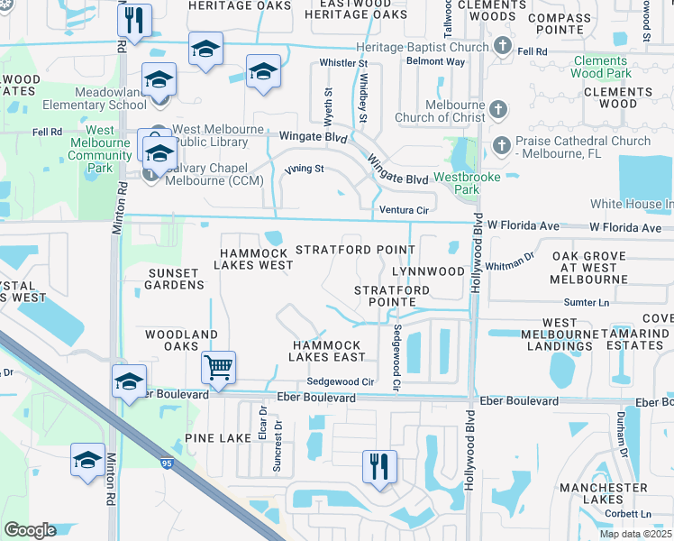 map of restaurants, bars, coffee shops, grocery stores, and more near 2410 Stratford Pointe Drive in West Melbourne