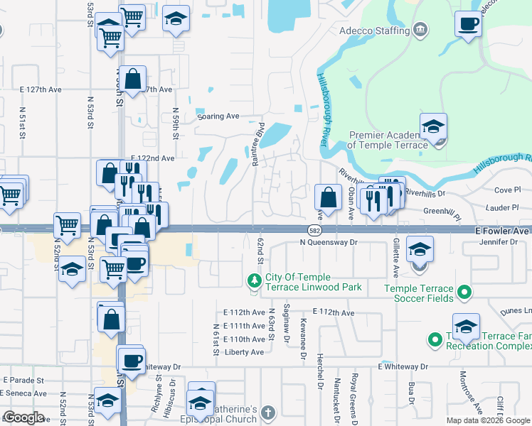 map of restaurants, bars, coffee shops, grocery stores, and more near 6265 Dewdrop Way in Tampa