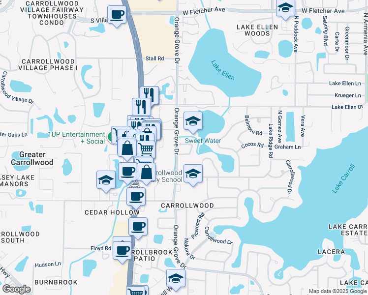 map of restaurants, bars, coffee shops, grocery stores, and more near 11727 Phoenix Circle in Greater Carrollwood