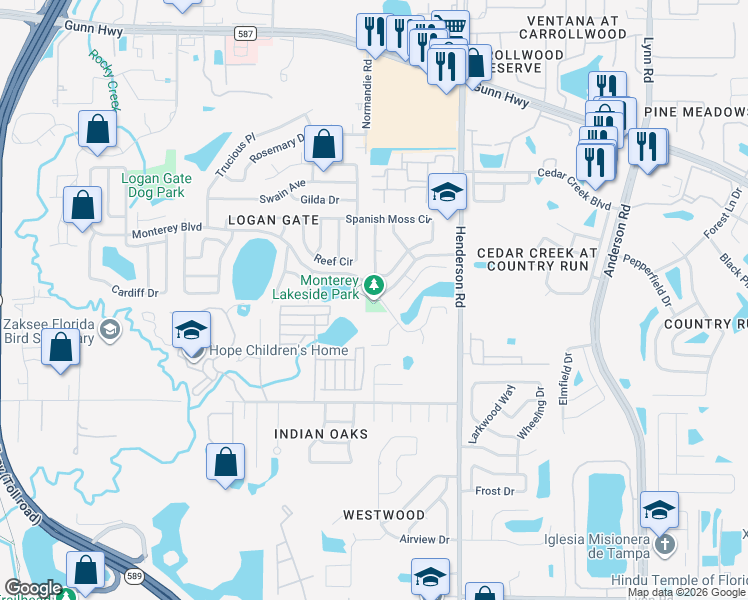 map of restaurants, bars, coffee shops, grocery stores, and more near 602 Monterey Boulevard in Tampa