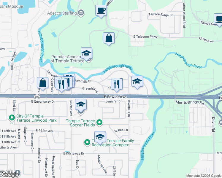 map of restaurants, bars, coffee shops, grocery stores, and more near 7113 Lauder Place in Tampa
