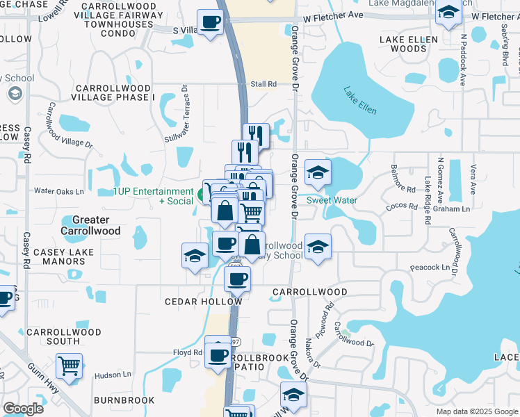 map of restaurants, bars, coffee shops, grocery stores, and more near 11801 North Dale Mabry Highway in Greater Carrollwood
