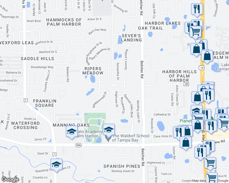 map of restaurants, bars, coffee shops, grocery stores, and more near 805 Highview Drive in Palm Harbor