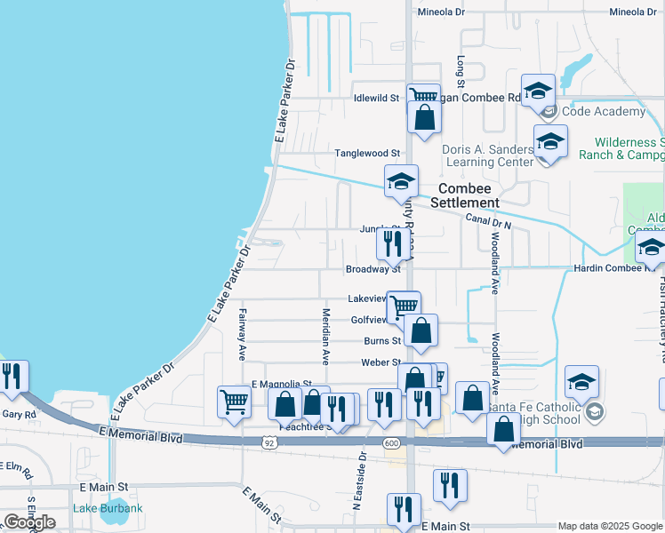 map of restaurants, bars, coffee shops, grocery stores, and more near 2404 Broadway Street in Lakeland