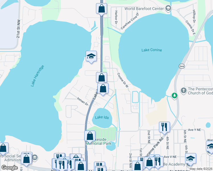 map of restaurants, bars, coffee shops, grocery stores, and more near 823 2nd Street in Winter Haven