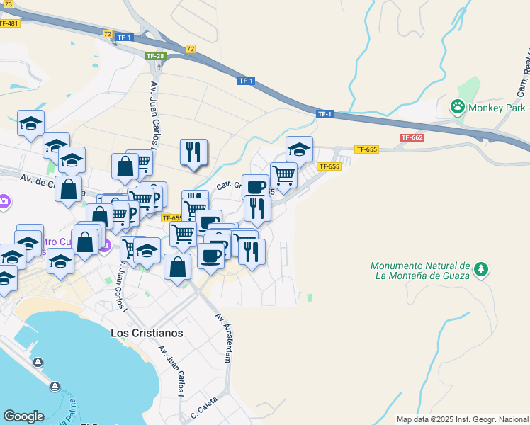 map of restaurants, bars, coffee shops, grocery stores, and more near 12 Avenida San Francisco in Los Cristianos