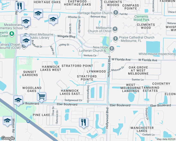map of restaurants, bars, coffee shops, grocery stores, and more near 834 Sedgewood Circle in Melbourne