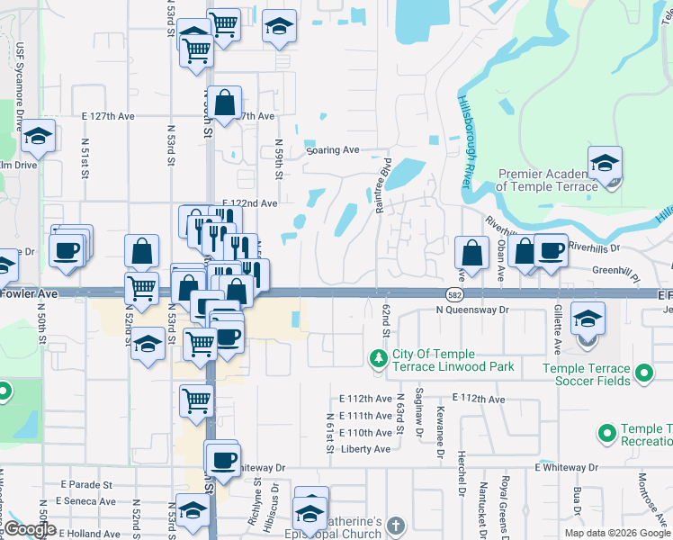 map of restaurants, bars, coffee shops, grocery stores, and more near 11722 Raintree Lake Lane in Temple Terrace