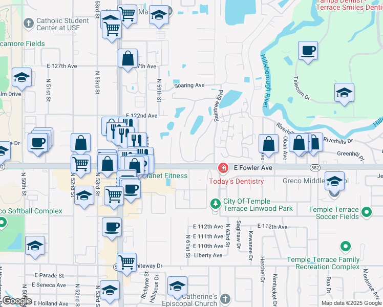 map of restaurants, bars, coffee shops, grocery stores, and more near 11718 Raintree Lake Lane in Tampa